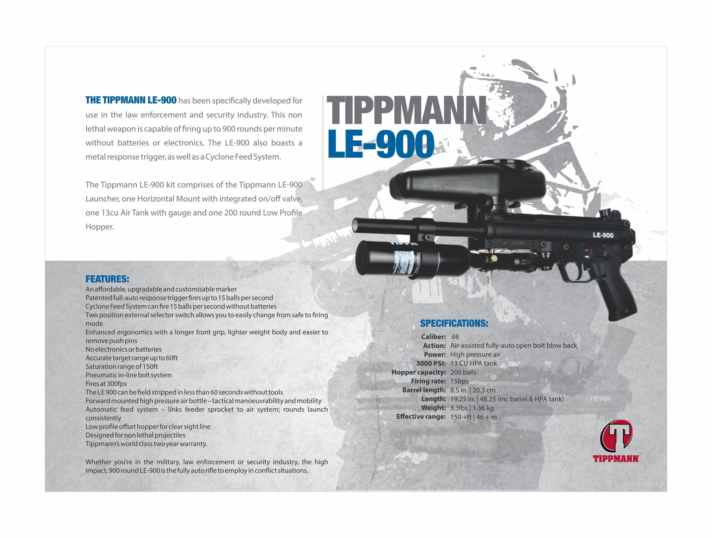 Tippmann product specification sheet — full layout
